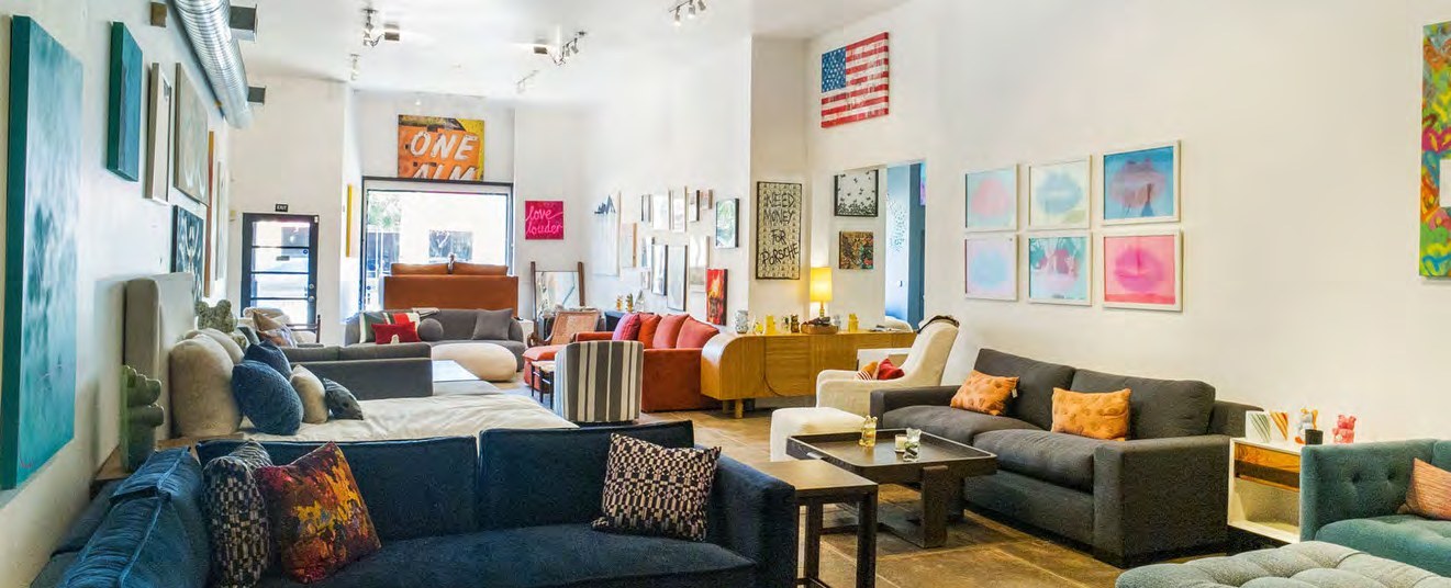 Open showroom interior with high ceilings and track lighting