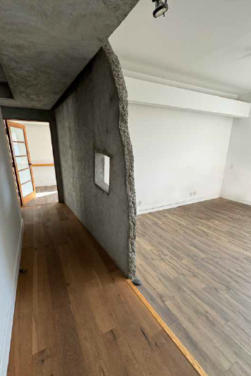 Interior of Suite 154 1/2 with a sculptural raw-plaster wall and wide-plank wood floors