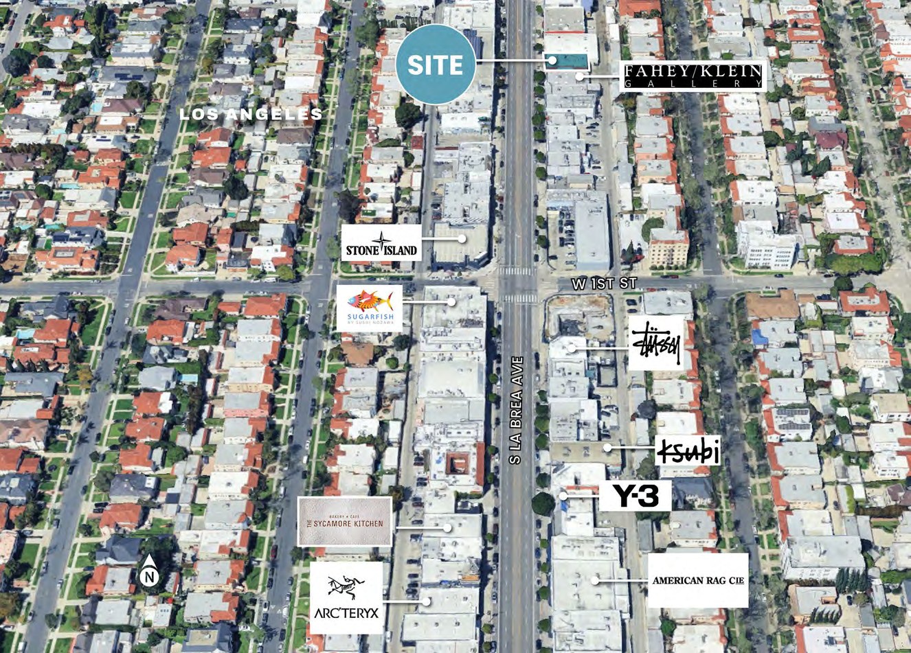 Aerial neighborhood map of the La Brea corridor with nearby retailers and restaurants