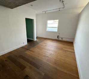 Second room in Suite 154 1/2 with wood floors, track lighting, and a green door
