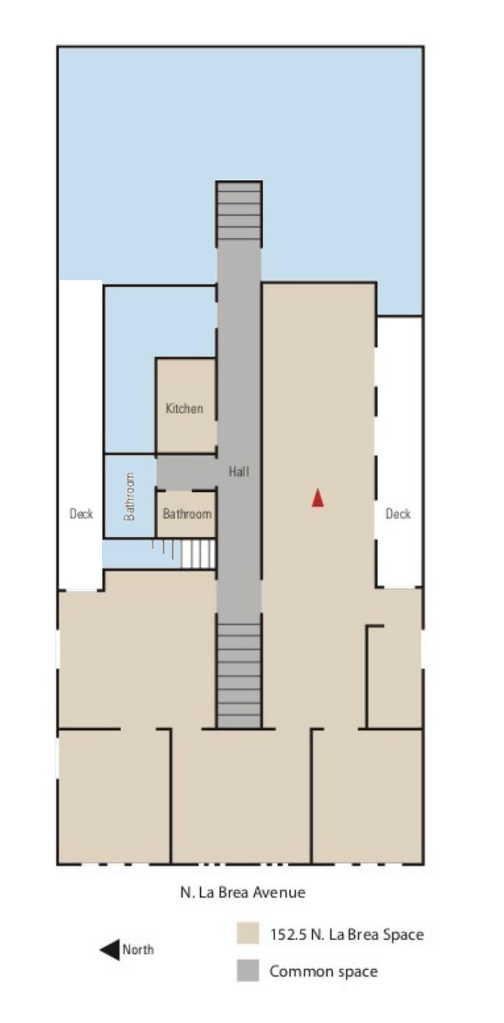 Second-level floor plan; Suite 154 1/2 is the light blue section on the plan